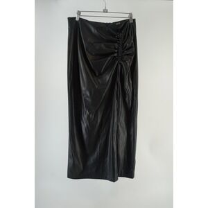MICAS Faux Leather Ruched Side Slit Midi Skirt date Night Chic Black L